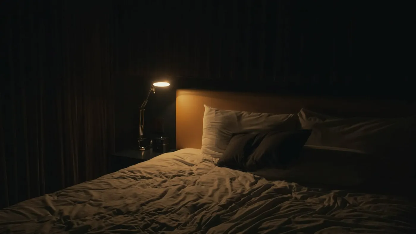 Dormitorio en penumbra con una lámpara encendida junto a la cama